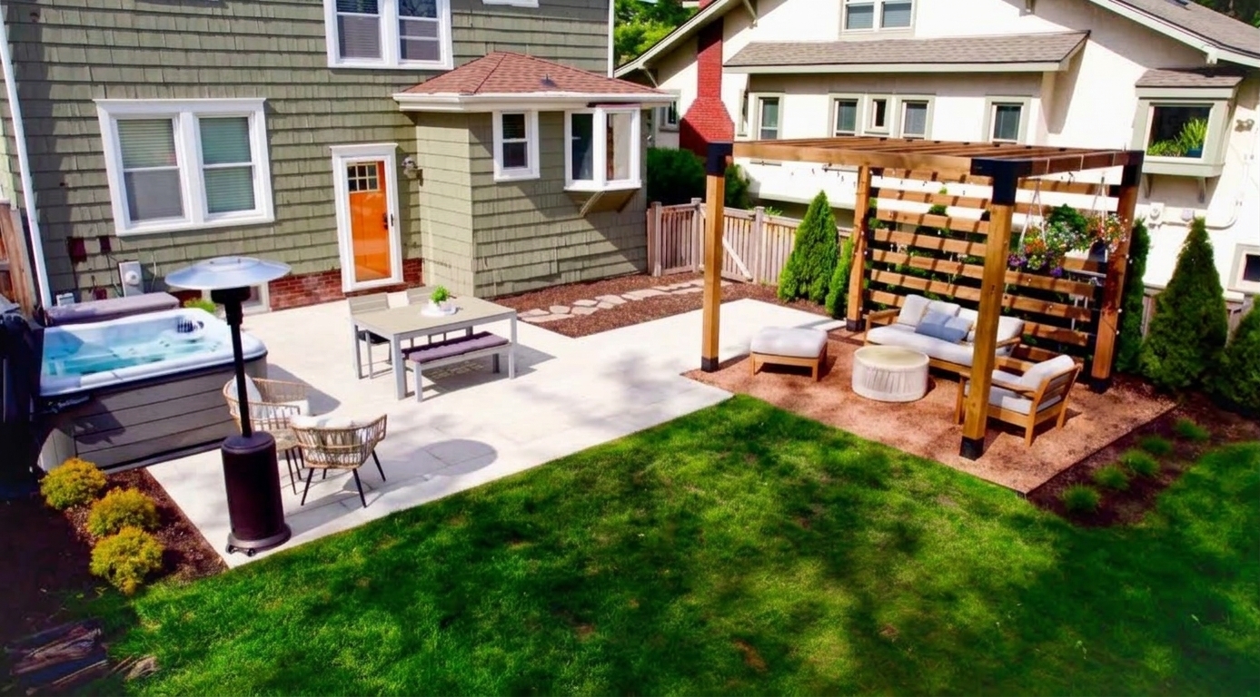 Backyard remodel with lush turf lawn, paver patio, hot tub, and pergola lounge area in Cicero, IL by Luxterra Outdoors