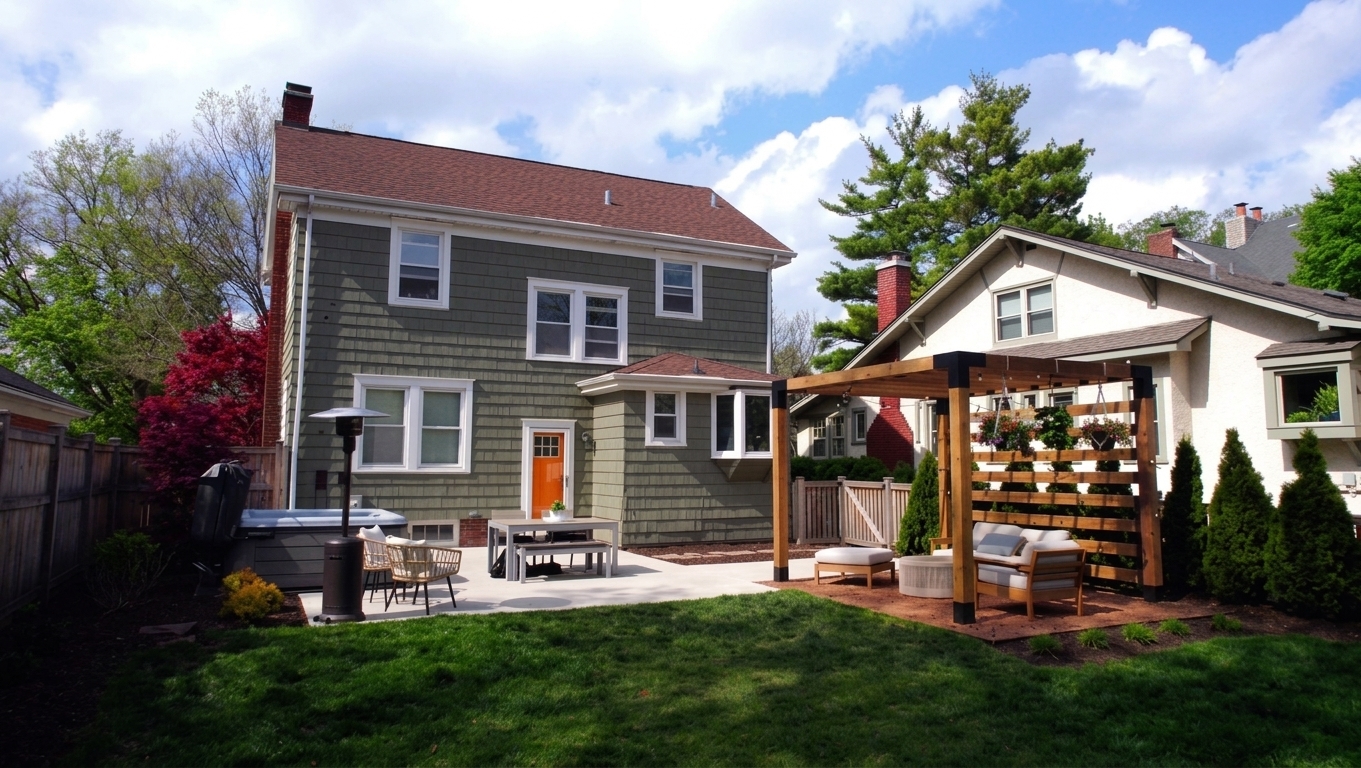 Backyard remodel with turf lawn, concrete patio, hot tub, and pergola lounge area in daylight in Cicero, IL by Luxterra Outdoors