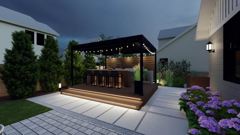 Outdoor kitchen with bar seating, grill, and pergola on raised deck in Cicero, IL by Luxterra Outdoors